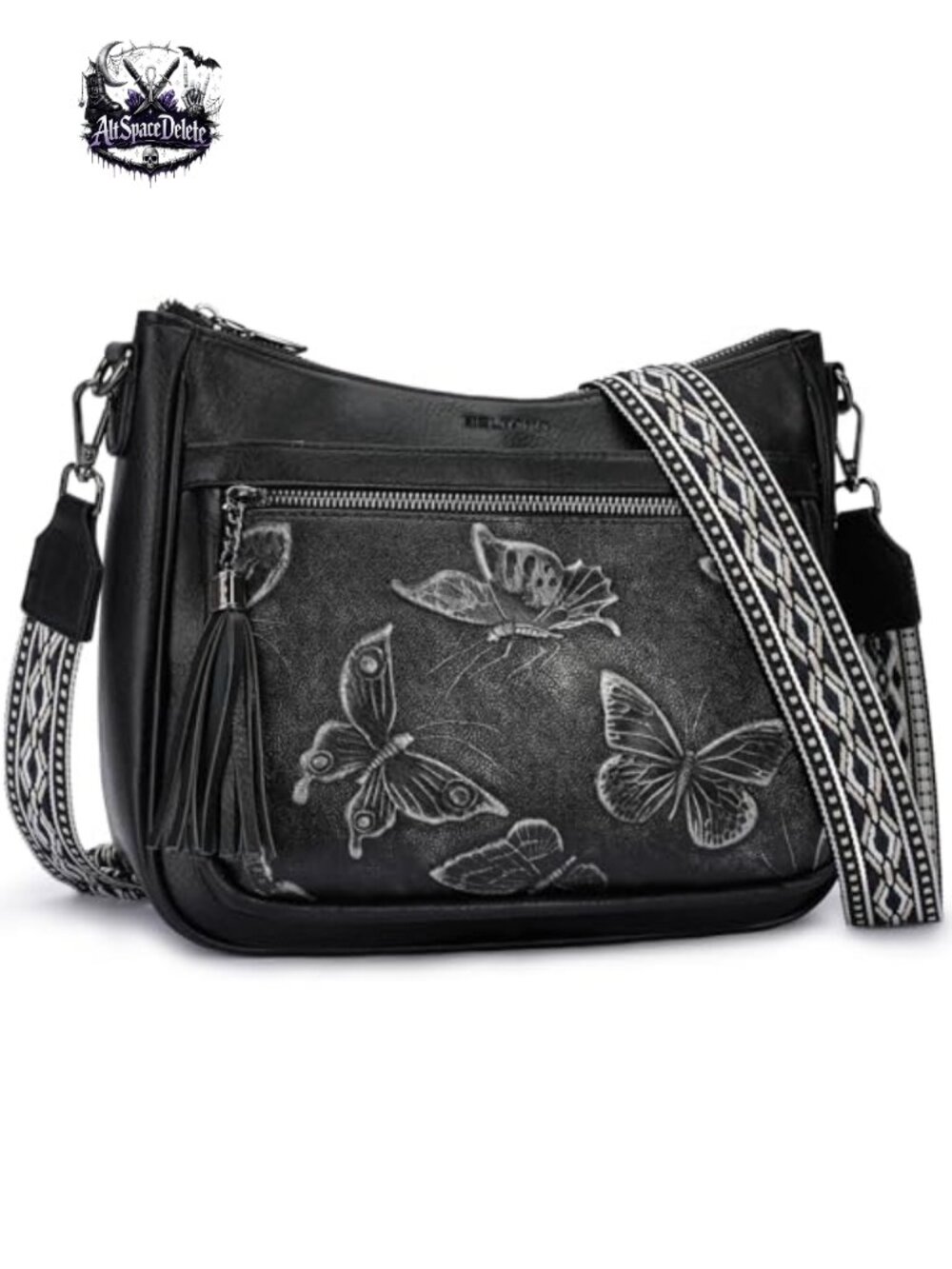 Vegan Leather Crossbody Bag Lightweight Butterfly Embossed Adjustable Strap